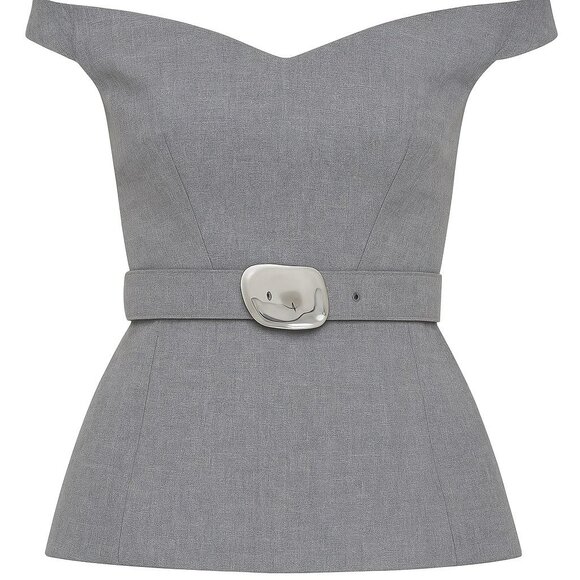 Fifi Off Shoulder Gray Top With Belt By Nicholas Size US 2/AU 6 V-Neck Peplum St - Picture 9 of 9
